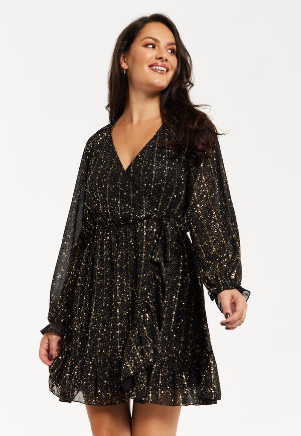 Liquorish Women's Mini Dress With Long Sleeves In Gold Chiffon - Stylish Wrap Design Perfect For Any Occasion - Liquorish