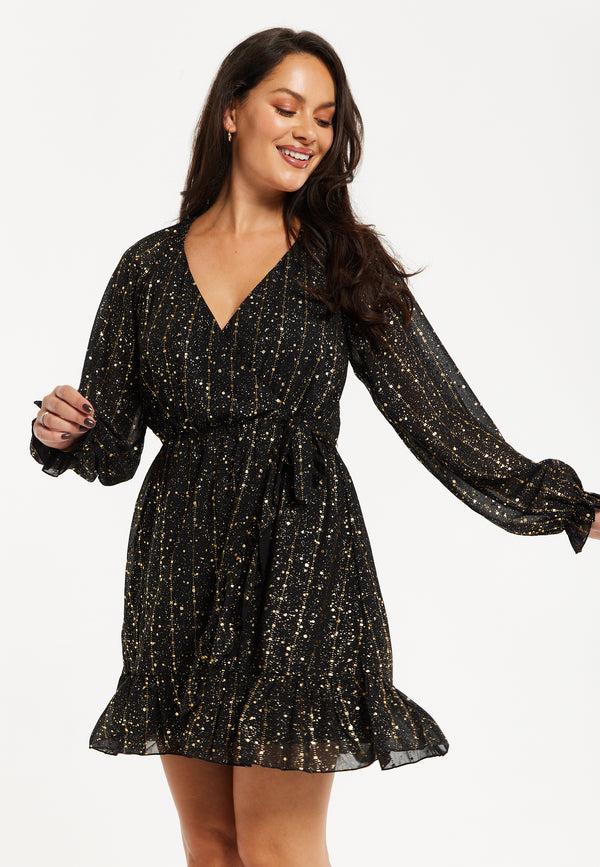Liquorish Women's Mini Dress With Long Sleeves In Gold Chiffon - Stylish Wrap Design Perfect For Any Occasion - Liquorish