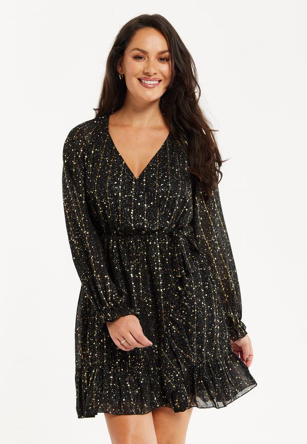 Liquorish Women's Mini Dress with Long Sleeves in Gold Chiffon - Stylish Wrap Design Perfect for Any Occasion - Liquorish Liquorish Women's Mini Dress with Long Sleeves in Gold Chiffon - Stylish Wrap Design Perfect for Any Occasion - Liquorish