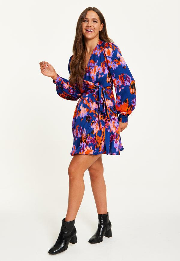 Liquorish Women's Mini Dress With Long Sleeves In Navy Featuring Abstract Print Wrap Style By Liquorish