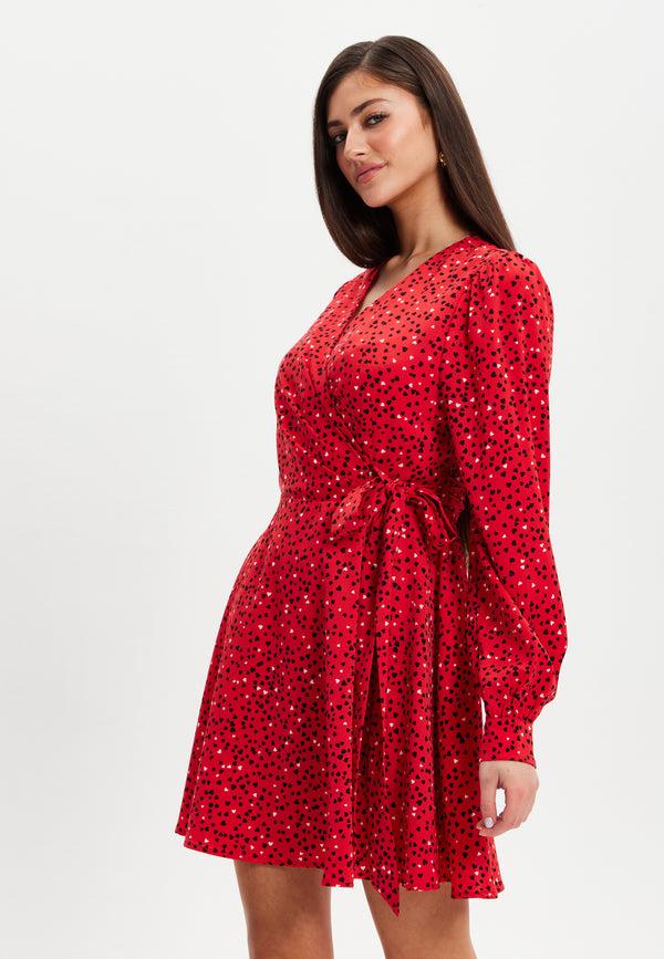 Liquorish Women's Mini Dress With Long Sleeves In Red - Heart Print Wrap Style V Neck Adjustable Tie Waist By Liquorish
