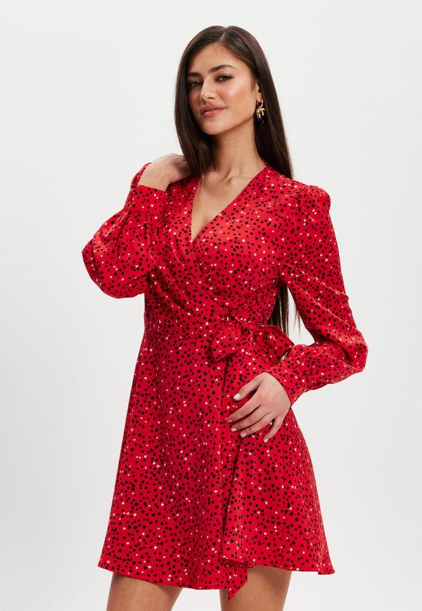 Liquorish Women's Mini Dress With Long Sleeves In Red - Heart Print Wrap Style V Neck Adjustable Tie Waist By Liquorish