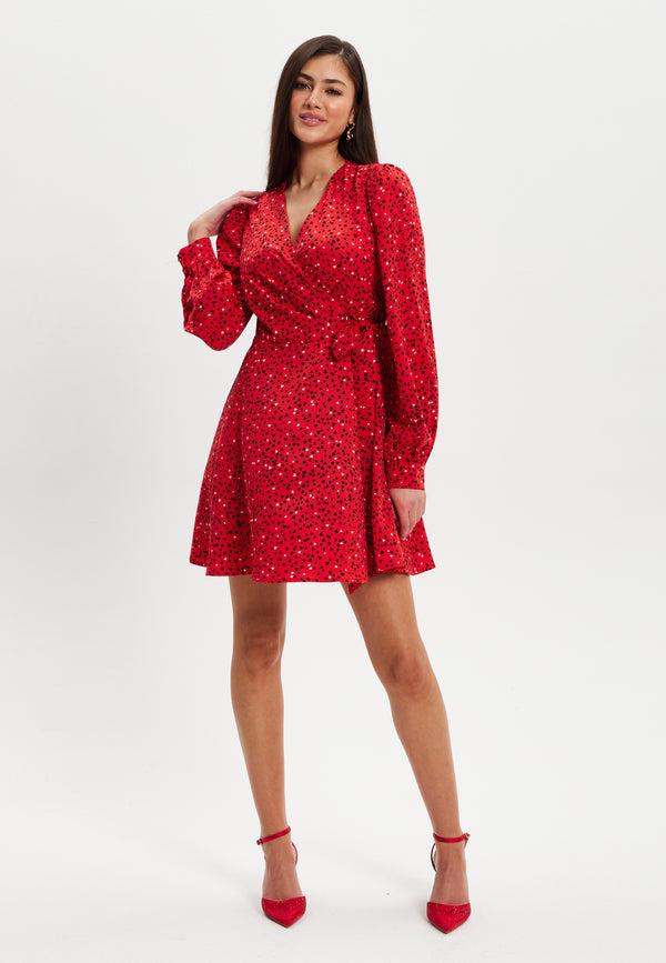 Liquorish Women's Mini Dress with Long Sleeves in Red - Heart Print Wrap Style V Neck Adjustable Tie Waist by Liquorish