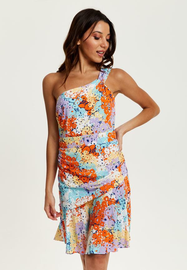 Liquorish Women's Mini Dress With One Shoulder Style And Frill Details In Multicolour Floral Print - Liquorish
