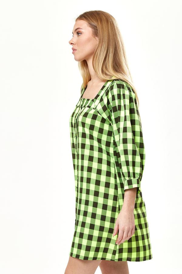 Liquorish Women’s Mini Dress With Puff Sleeves In Neon Green Gingham Button-Up Front Oversized Fit Playful And Chic