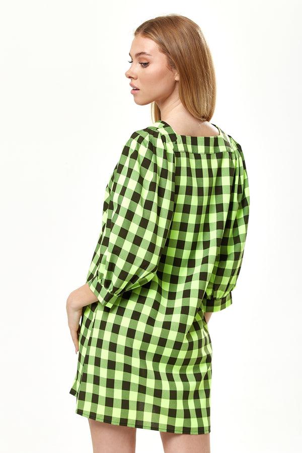 Liquorish Women’s Mini Dress With Puff Sleeves In Neon Green Gingham Button-Up Front Oversized Fit Playful And Chic