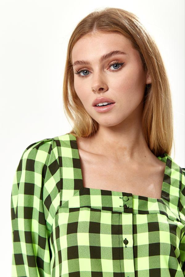 Liquorish Women’s Mini Dress With Puff Sleeves In Neon Green Gingham Button-Up Front Oversized Fit Playful And Chic