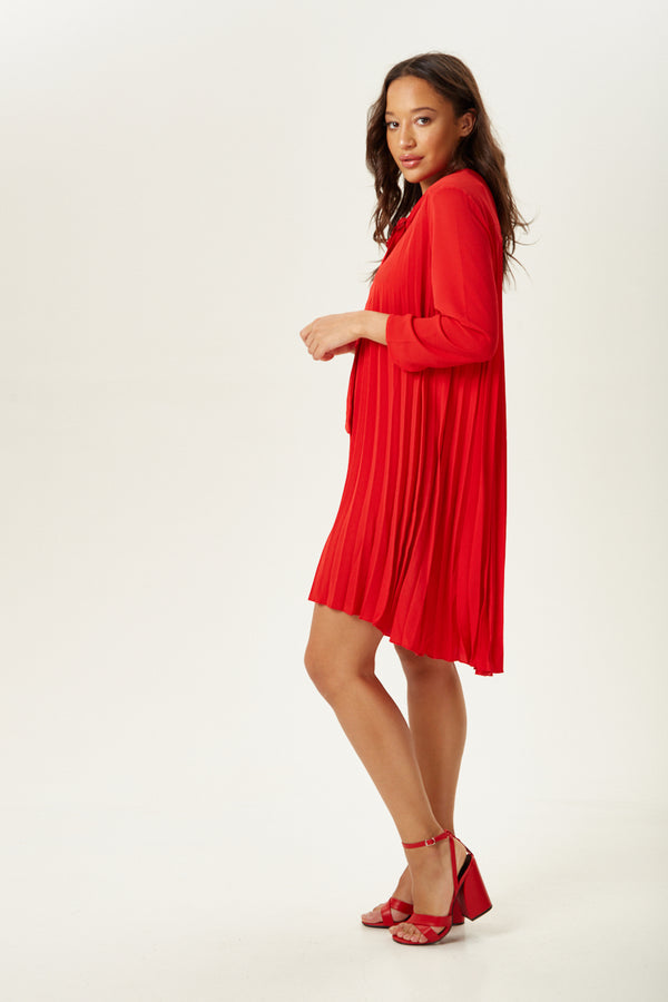 Liquorish Women’s Mini Dress With Ruched Sleeves Pleated Design And Front Tie Detail In Bold Red