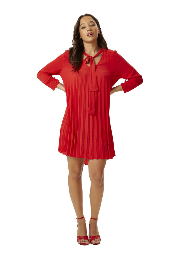 Liquorish Women’s Mini Dress with Ruched Sleeves Pleated Design and Front Tie Detail in Bold Red