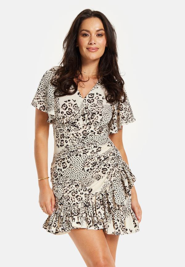 Liquorish Women's Mini Dress With Short Sleeves And Frilled Hem In Black & White - Ruched Detail By Liquorish