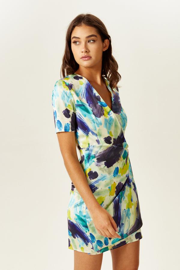 Liquorish Women's Mini Dress With Short Sleeves In Vibrant Multicolour Abstract Print - Stylish Wrap Design By Liquorish