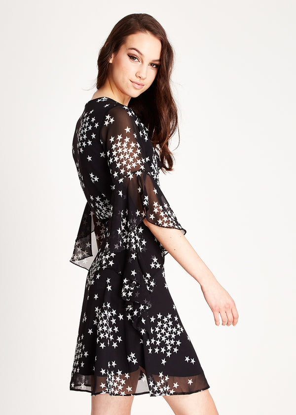 Liquorish Women's Mini Dress With Star Print V-Neck Wrap Front Design Tie Side Frill Sleeves Comfortable Fit