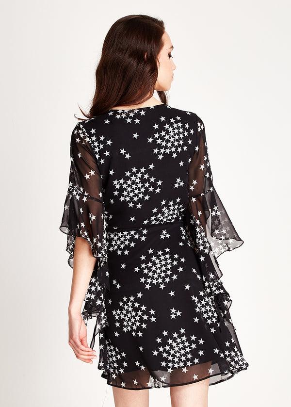 Liquorish Women's Mini Dress With Star Print V-Neck Wrap Front Design Tie Side Frill Sleeves Comfortable Fit