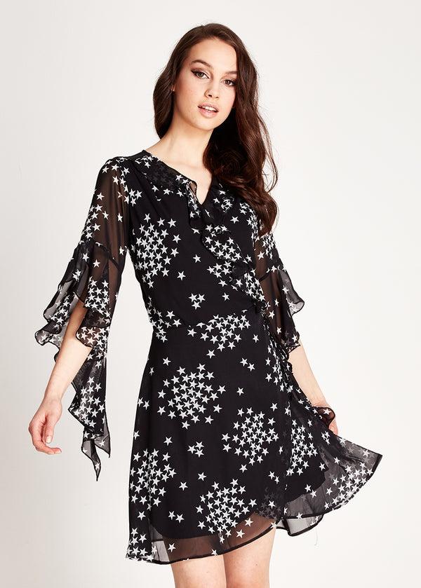 Liquorish Women's Mini Dress with Star Print V-Neck Wrap Front Design Tie Side Frill Sleeves Comfortable Fit