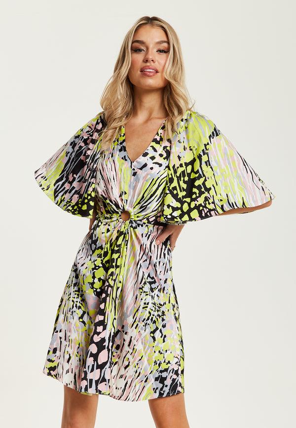 Liquorish Women's Mini Dress With Vibrant Multicolour Abstract Print V-Neck Angel Sleeves Cut-Out Front - Liquorish