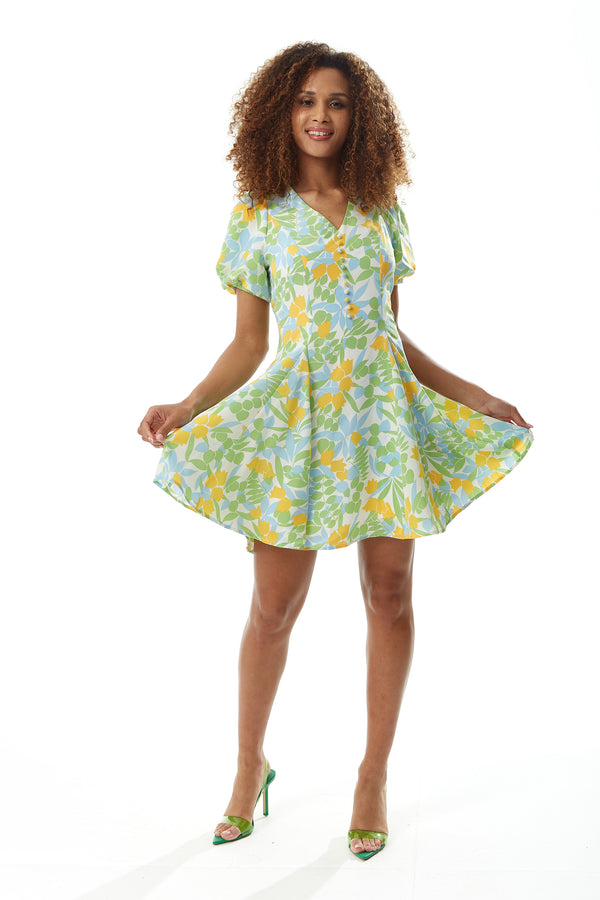 Liquorish Women’s Mini Dress Yellow Floral Print Button Up Balloon Sleeves V-Neck Summer Fashion
