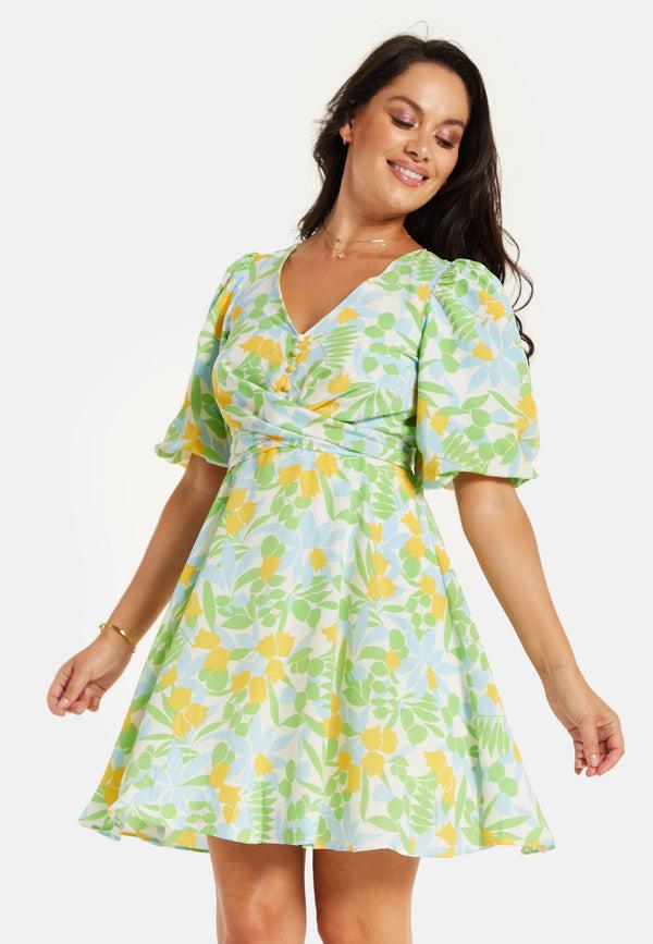 Liquorish Women's Mini Dress Yellow Floral Print V Neck Balloon Sleeves Tie Waist Chic Summer Style