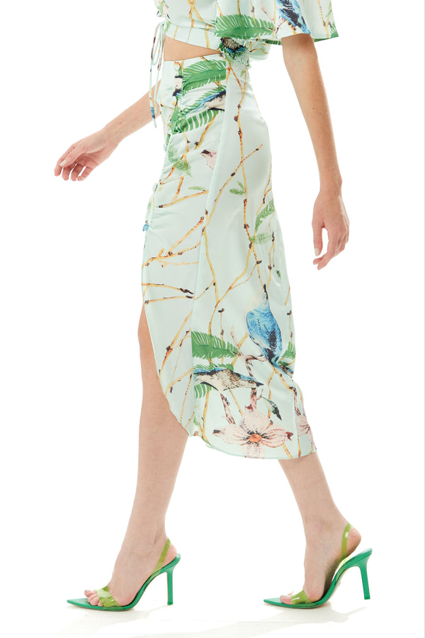 Liquorish Women's Mint Green Bird Print Midi Skirt With Front Buttons And Side Slit Regular Fit - Liquorish