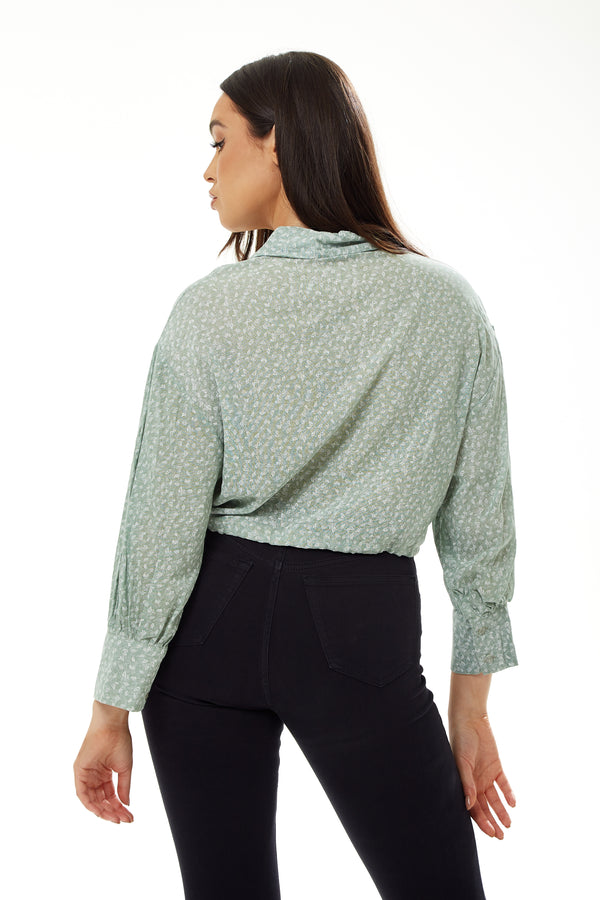 Liquorish Women's Mint Green Crop Shirt - Cropped Style Tie Waist Short Sleeves Solid Color UK Sizes S-8 M-10 L-12