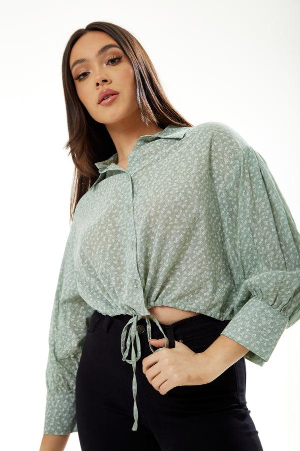 Liquorish Women's Mint Green Crop Shirt - Cropped Style Tie Waist Short Sleeves Solid Color UK Sizes S-8 M-10 L-12