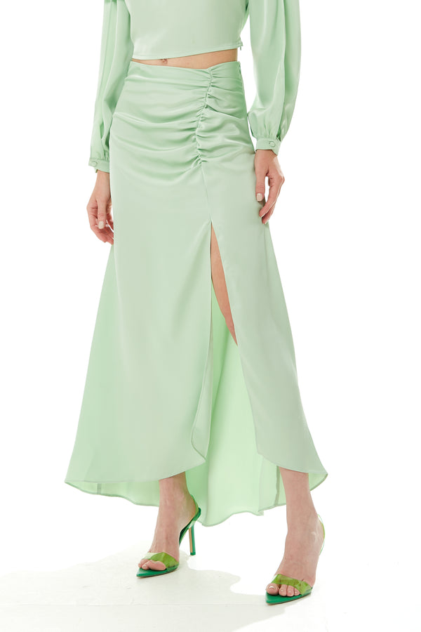 Liquorish Women's Mint Green Gathered Detail Maxi Skirt with Front Slit - Regular Fit Plain Design by Liquorish
