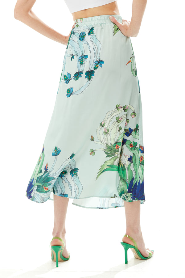 Liquorish Women's Mint Green Midi Skirt With Bird And Floral Print And Side Slit Regular Fit By Liquorish