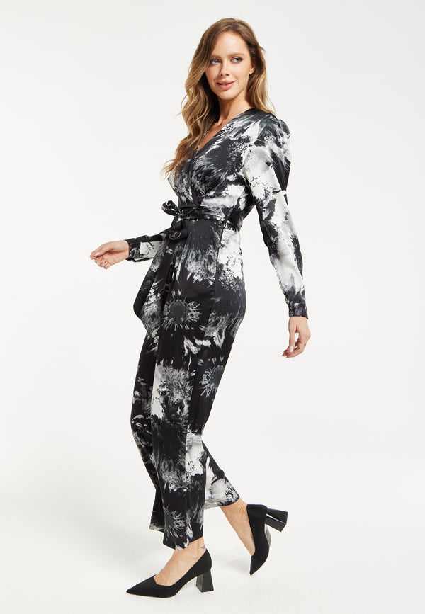 Liquorish Women's Mono Abstract Print Long Sleeve Jumpsuit With Crossover Front And Tie Waist - Liquorish