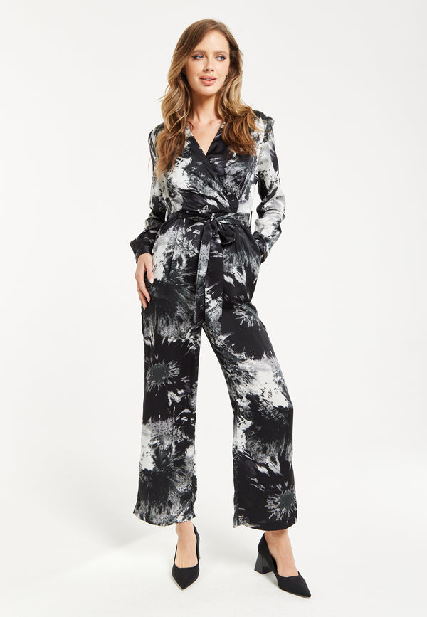 Liquorish Women's Mono Abstract Print Long Sleeve Jumpsuit with Crossover Front and Tie Waist - Liquorish