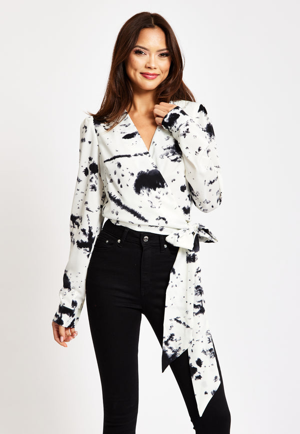 Liquorish Women's Mono Abstract Print Wrap Top With Long Sleeves Crop Style Matching Tie Waist Perfect For Any Occasion