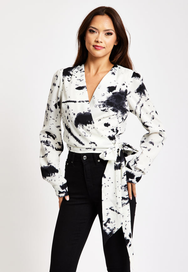 Liquorish Women's Mono Abstract Print Wrap Top With Long Sleeves Crop Style Matching Tie Waist Perfect For Any Occasion