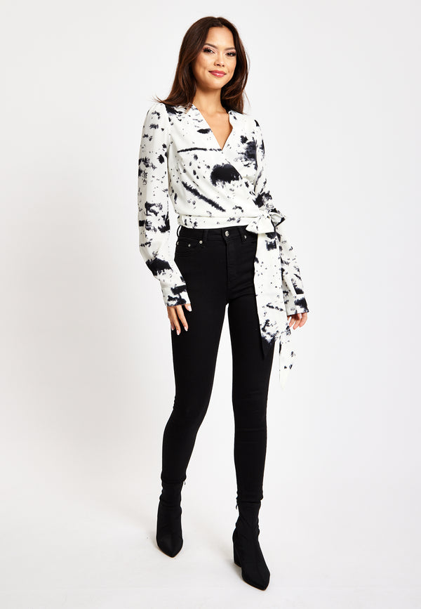 Liquorish Women's Mono Abstract Print Wrap Top With Long Sleeves Crop Style Matching Tie Waist Perfect For Any Occasion