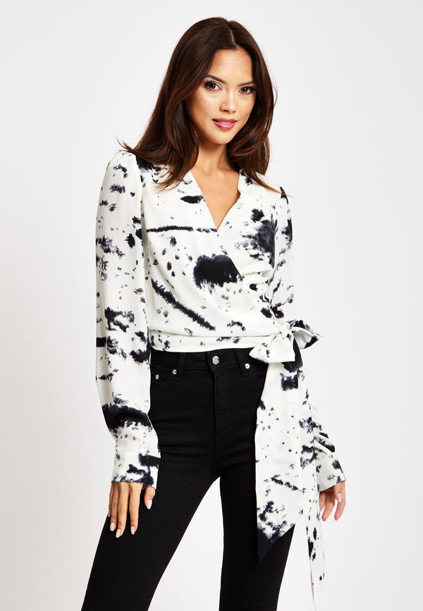 Liquorish Women's Mono Abstract Print Wrap Top with Long Sleeves Crop Style Matching Tie Waist Perfect for Any Occasion