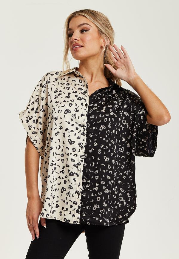 Liquorish Women's Monochrome Heart Print Short Sleeve Shirt With Button Up Front And Contrast Colors Regular Fit