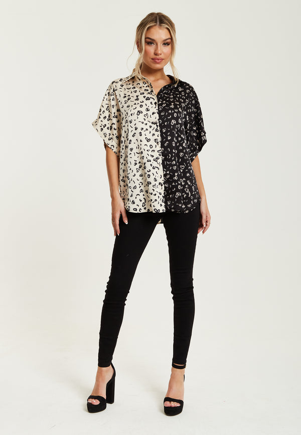 Liquorish Women's Monochrome Heart Print Short Sleeve Shirt With Button Up Front And Contrast Colors Regular Fit