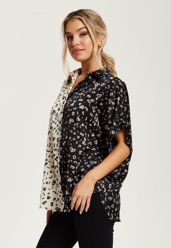 Liquorish Women's Monochrome Heart Print Short Sleeve Shirt With Button Up Front And Contrast Colors Regular Fit