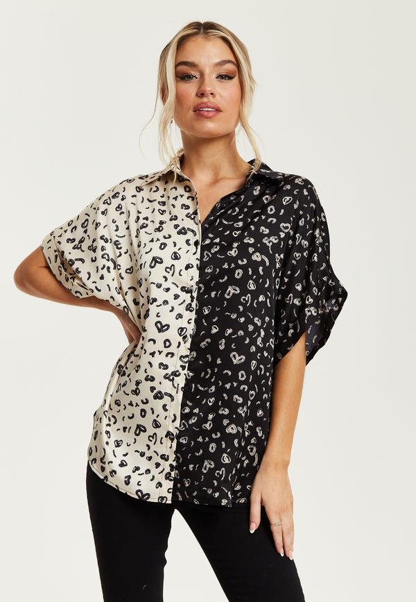 Liquorish Women's Monochrome Heart Print Short Sleeve Shirt with Button Up Front and Contrast Colors Regular Fit