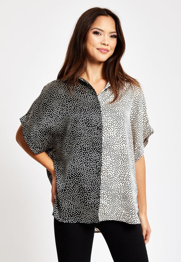 Liquorish Women’s Monochrome Polka Dot Print Shirt With Short Sleeves Button-Up Front Regular Fit Shirt Collar