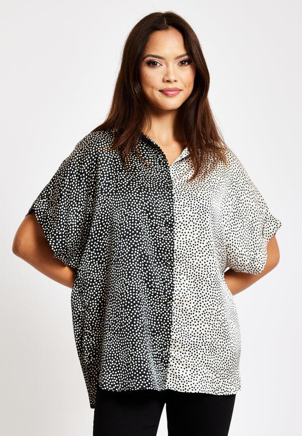 Liquorish Women’s Monochrome Polka Dot Print Shirt With Short Sleeves Button-Up Front Regular Fit Shirt Collar