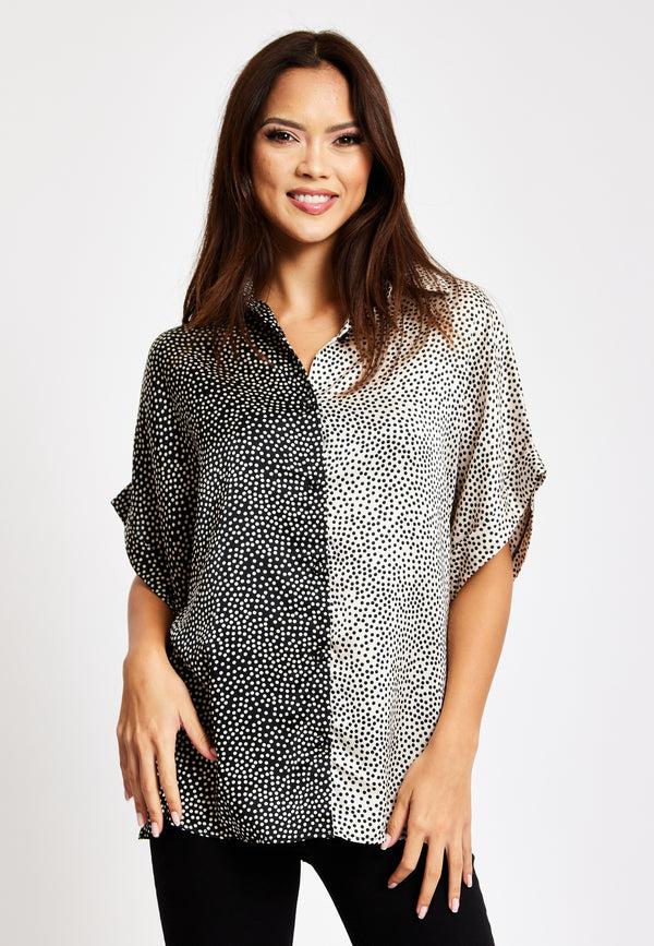 Liquorish Women’s Monochrome Polka Dot Print Shirt with Short Sleeves Button-Up Front Regular Fit Shirt Collar