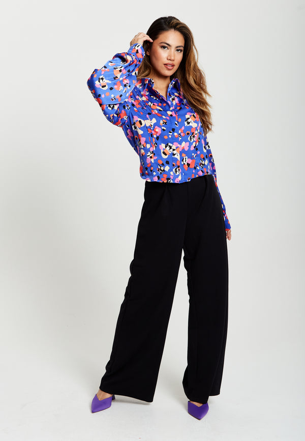 Liquorish Women's Multicolour Abstract Dot Print Shirt With Balloon Sleeves And Button-Up High Neckline