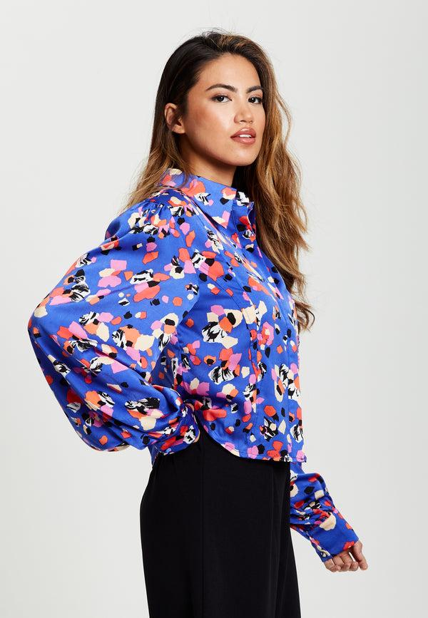Liquorish Women's Multicolour Abstract Dot Print Shirt With Balloon Sleeves And Button-Up High Neckline