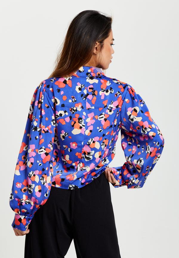 Liquorish Women's Multicolour Abstract Dot Print Shirt With Balloon Sleeves And Button-Up High Neckline