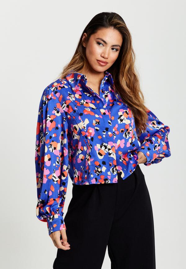Liquorish Women's Multicolour Abstract Dot Print Shirt with Balloon Sleeves and Button-Up High Neckline