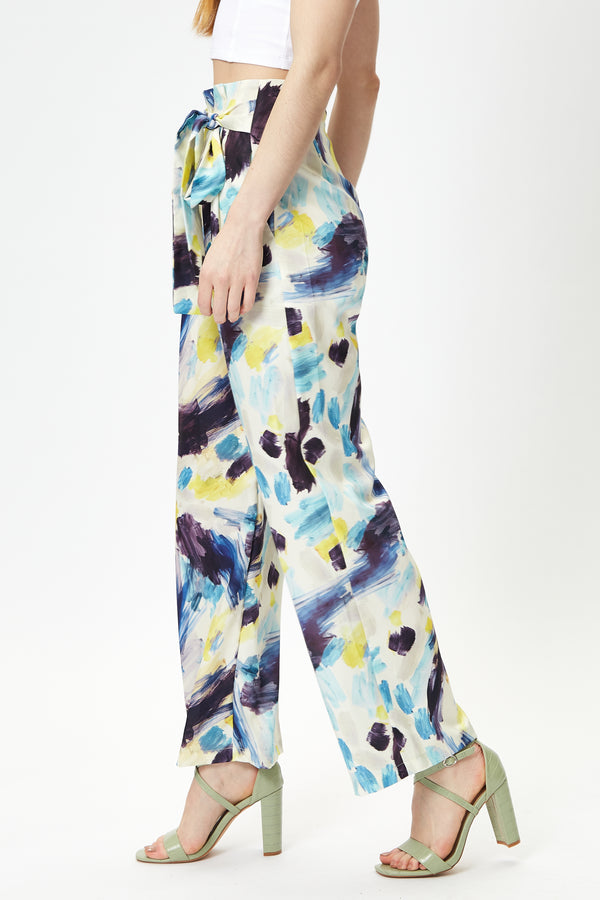 Liquorish Women's Multicolour Abstract Print High Rise Trousers With Matching Tie Waist And Flattering Fit