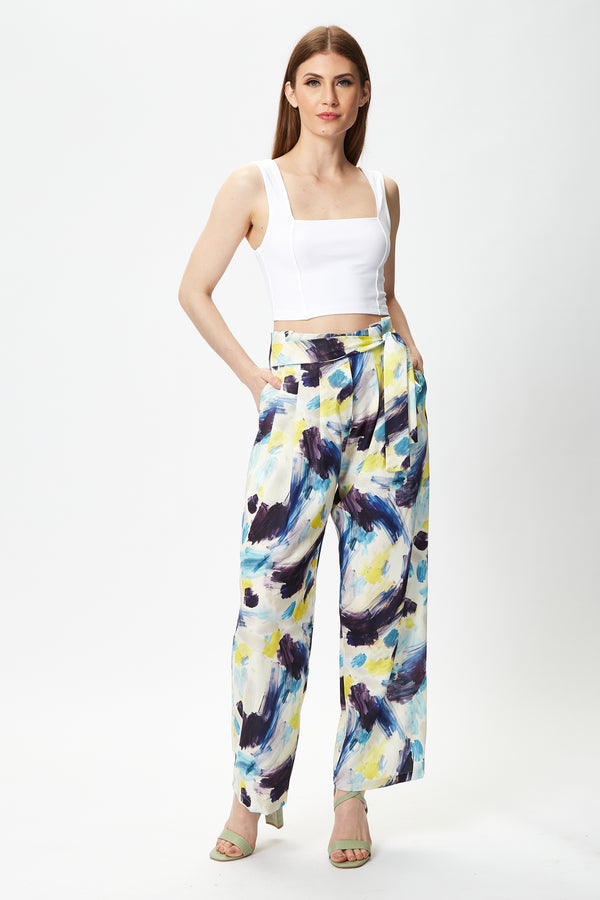 Liquorish Women's Multicolour Abstract Print High Rise Trousers With Matching Tie Waist And Flattering Fit