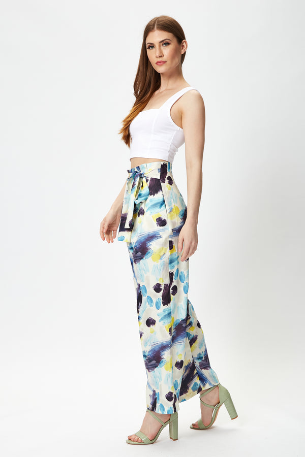 Liquorish Women's Multicolour Abstract Print High Rise Trousers With Matching Tie Waist And Flattering Fit