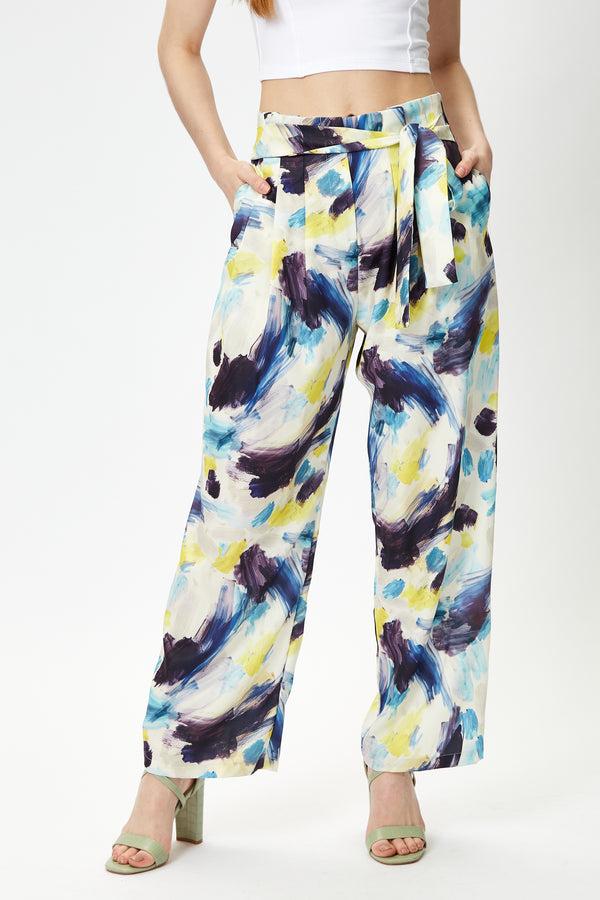 Liquorish Women's Multicolour Abstract Print High Rise Trousers with Matching Tie Waist and Flattering Fit
