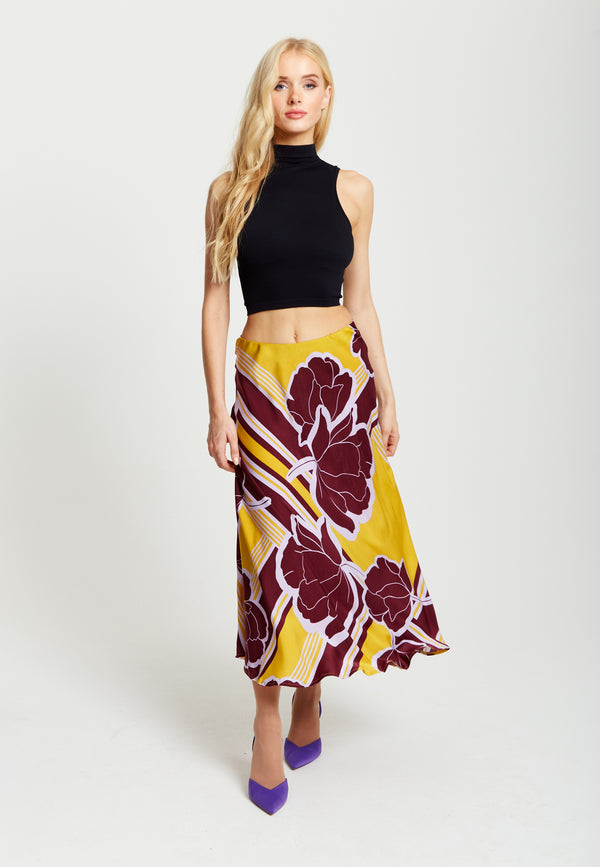 Liquorish Women's Mustard And Burgundy Geometric Floral Print Midi Skirt With Elasticated Waistband By Liquorish