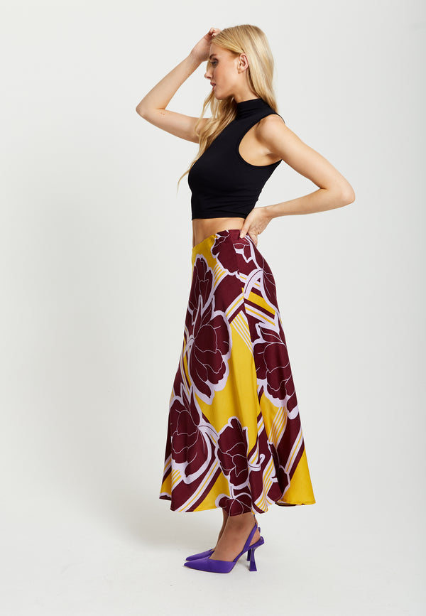 Liquorish Women's Mustard And Burgundy Geometric Floral Print Midi Skirt With Elasticated Waistband By Liquorish
