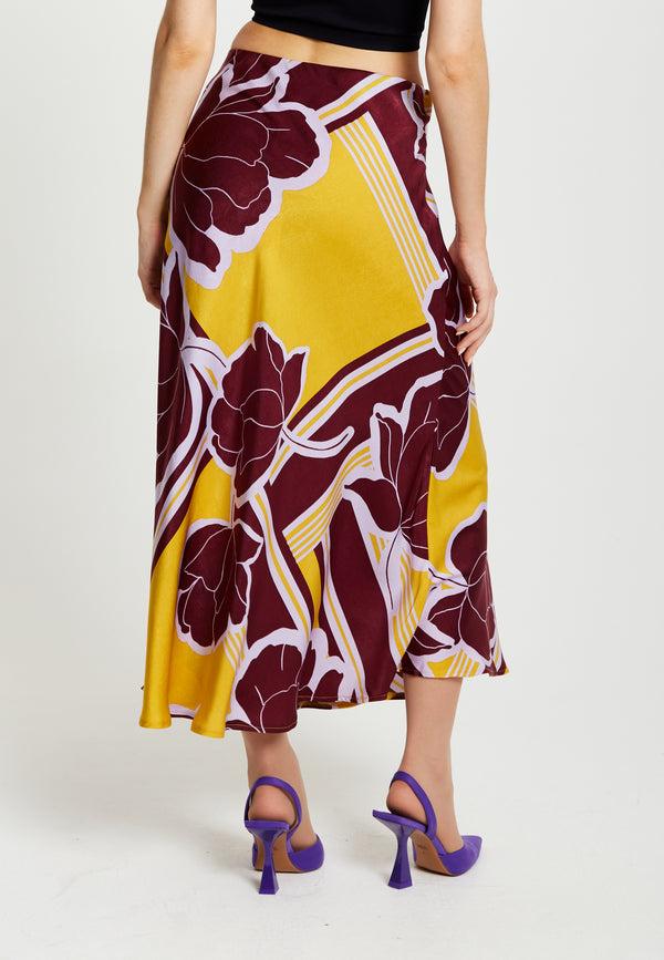 Liquorish Women's Mustard And Burgundy Geometric Floral Print Midi Skirt With Elasticated Waistband By Liquorish